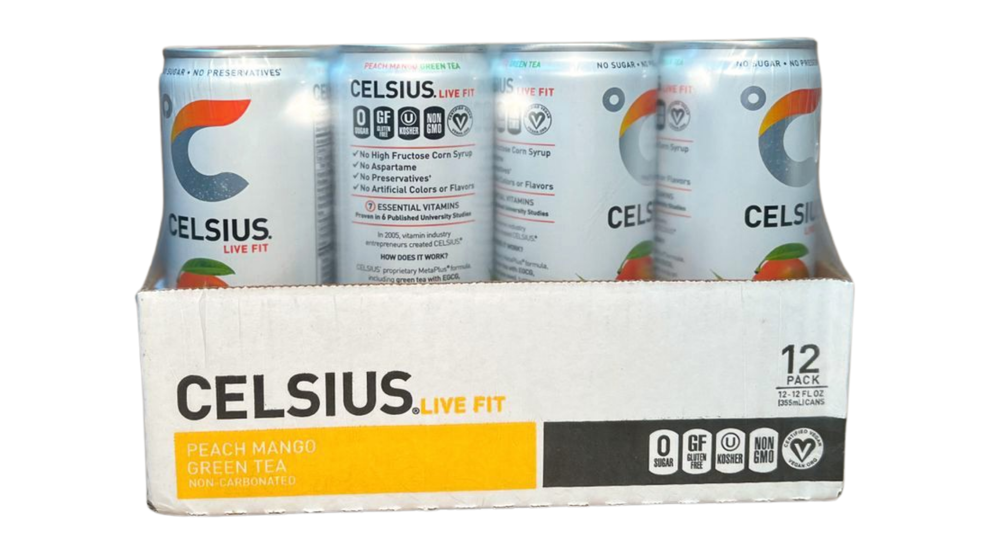 Celsius Sparkling - Peach Mango Green Tea (12 Fl. Oz / 12 Pack)